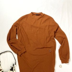 Brown Drop Shoulder Solid Waffle Knit Dress
